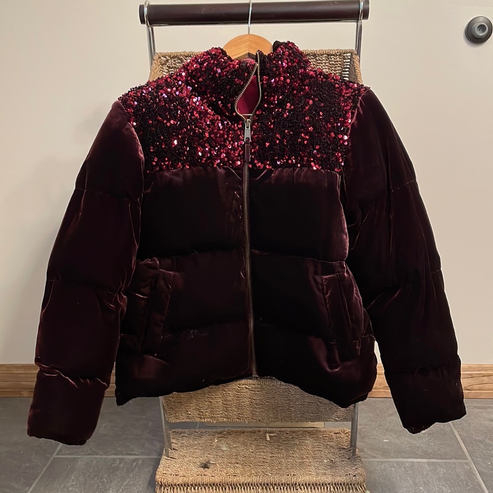 NEW! NEVER WORN. Anthro Maeve velvet Puffer jacket.